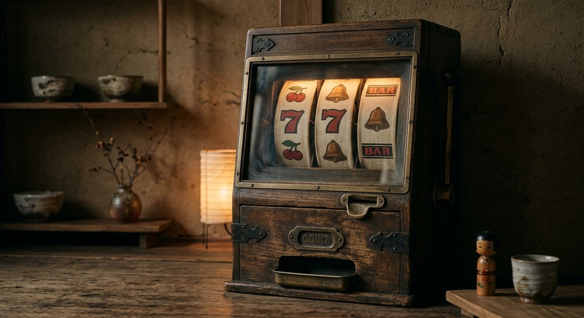 Kabinet mesin slot kayu bergaya wabi-sabi di ruang teh Jepang dengan mangkuk keramik dan cahaya lentera hangat