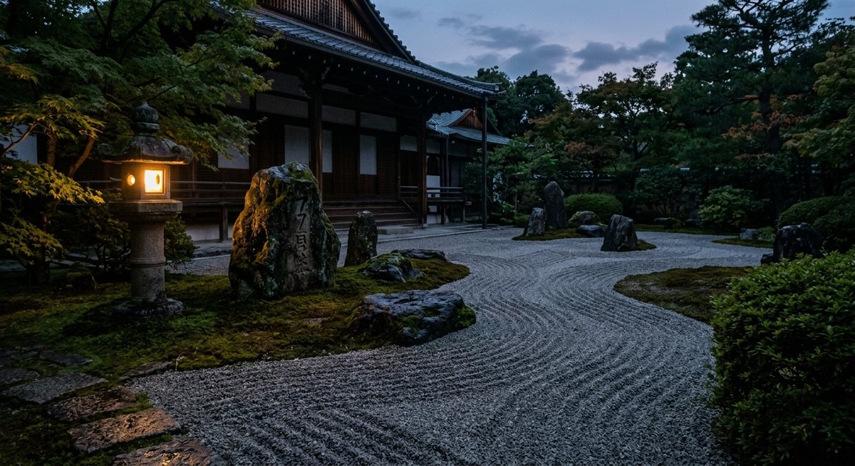 Taman kering Jepang dengan kerikil tersisir dan batu berlumut di bawah cahaya senja hangat, gulungan simbol slot terukir samar di batu
