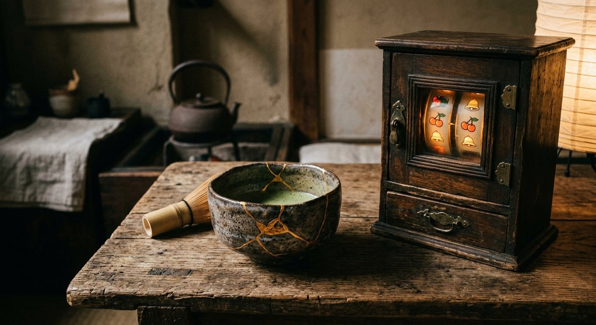 Mangkuk teh keramik wabi-sabi dengan retakan kintsugi emas di atas meja kayu di samping kabinet slot kayu antik yang hangat